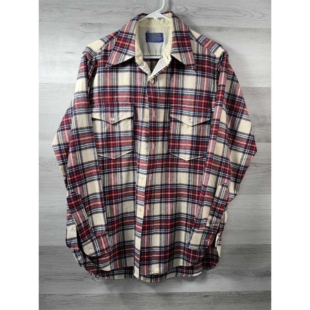 Pendleton Board Shirt Mens M 15.5 Wool Plaid Loop Collar Flap Pocket 70s